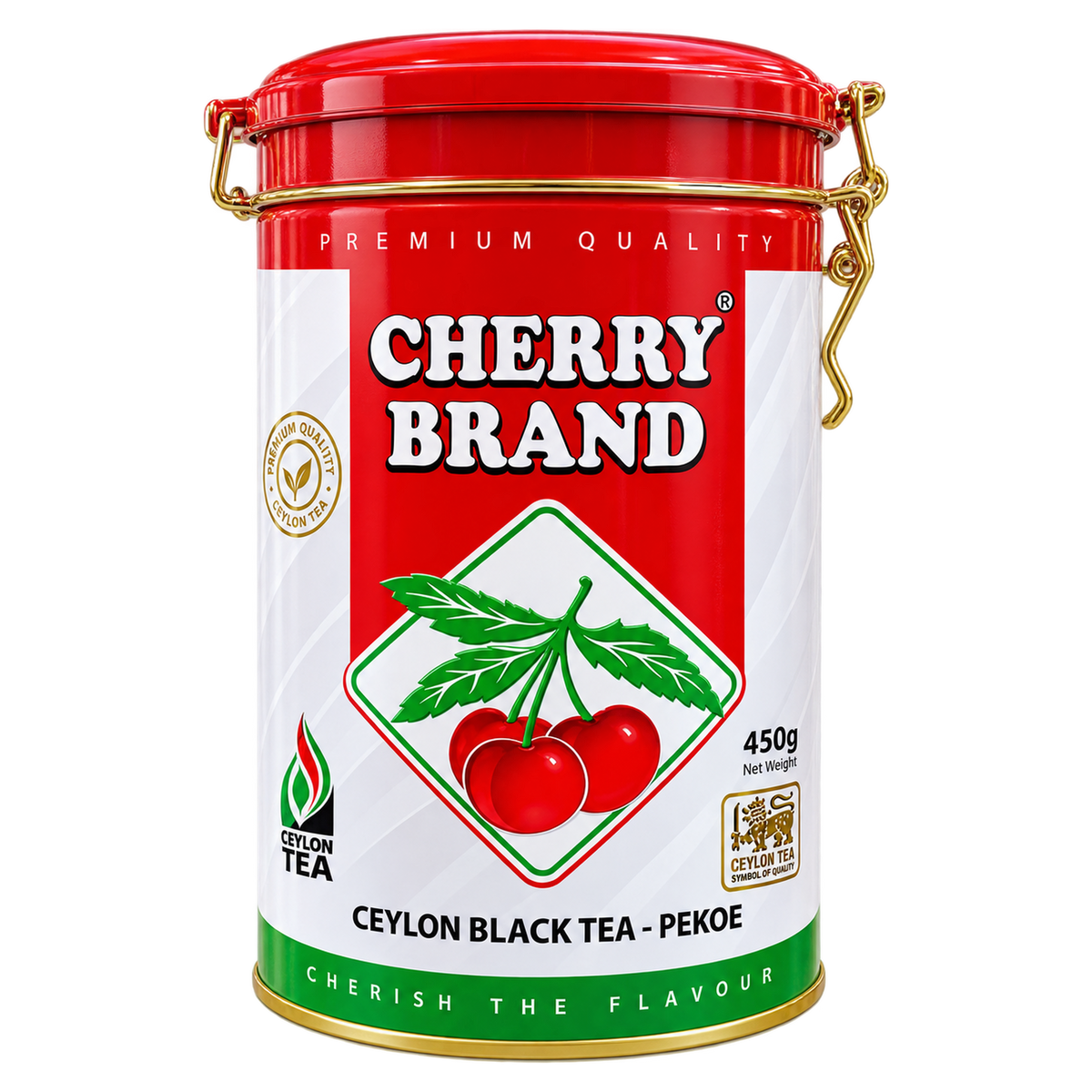 Cherry Brand Ceylon Tea Pekoe 450g front view, red tin