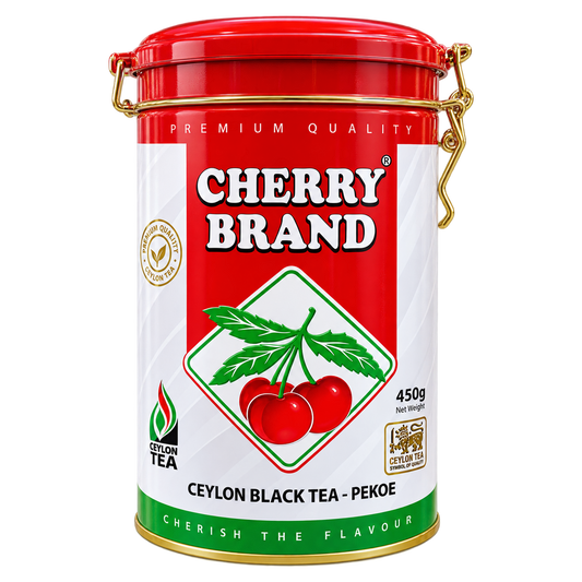 Cherry Brand Ceylon Tea Pekoe 450g front view, red tin