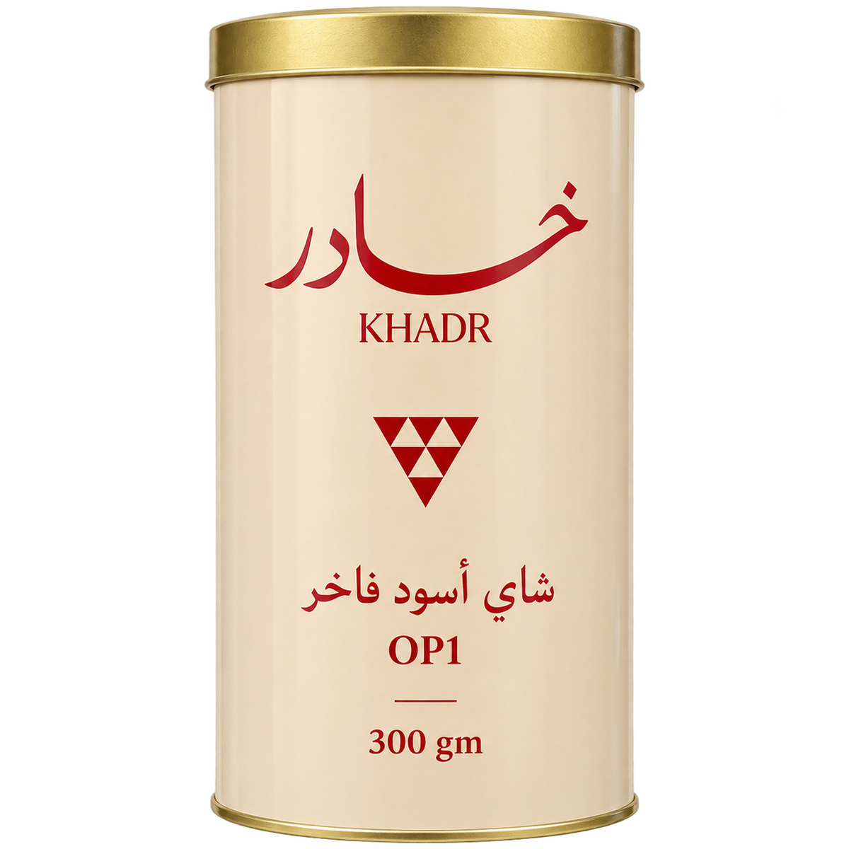 KHADR Tea OP1 300g beige cylindrical tin with gold lid